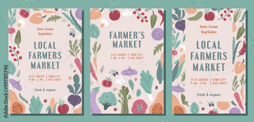 Set of modern banner or poster for Local Farmers Market, Organic Farm, Harvest Festival, Agricultural fair  Vector flat illustration. Announcement for seasonal fair. Hand drawn flyer template