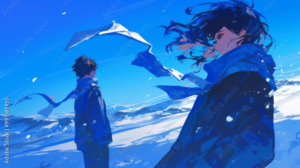 A boy with black hair and a girl with long hair stand on opposite sides, both wearing dark blue long-sleeved shirts and scarves, standing in the wind on a snowy landscape under a deep blue sky. A boy with black hair and a girl with long hair stand on opposite sides, both wearing dark blue long-sleeved shirts and scarves, standing in the wind on a snowy landscape under a deep blue sky.