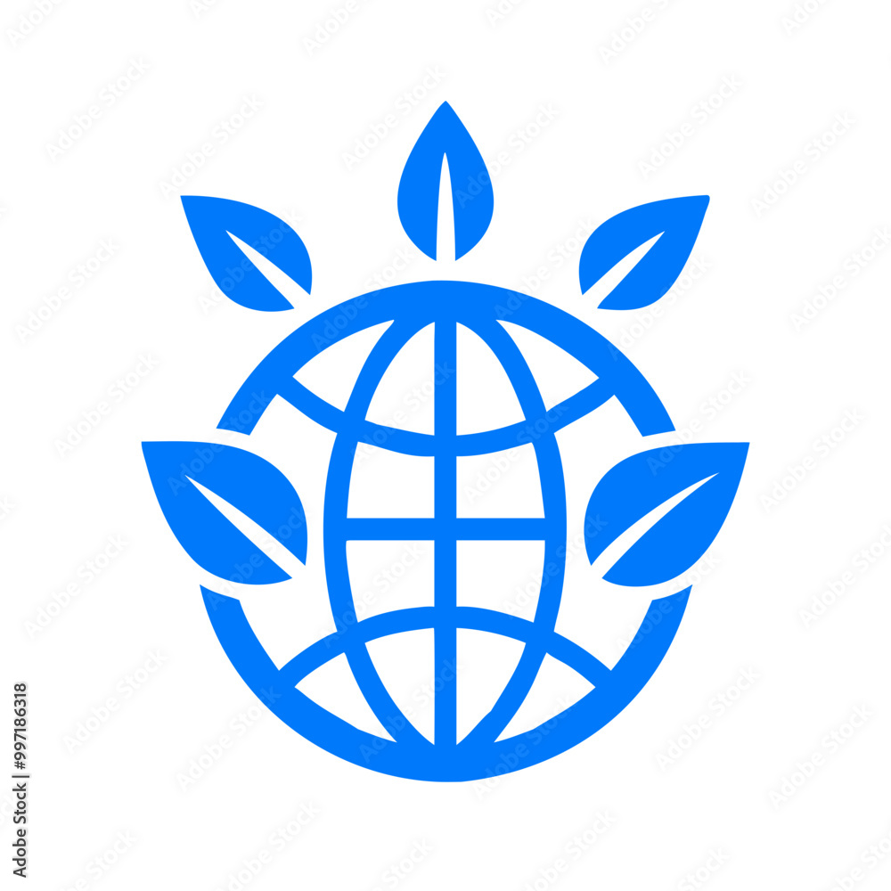 A blue globe with green leaves surrounding it. The globe is surrounded by a circle of leaves, and the leaves are spread out around the globe. Concept of growth and sustainability A blue globe with green leaves surrounding it. The globe is surrounded by a circle of leaves, and the leaves are spread out around the globe. Concept of growth and sustainability