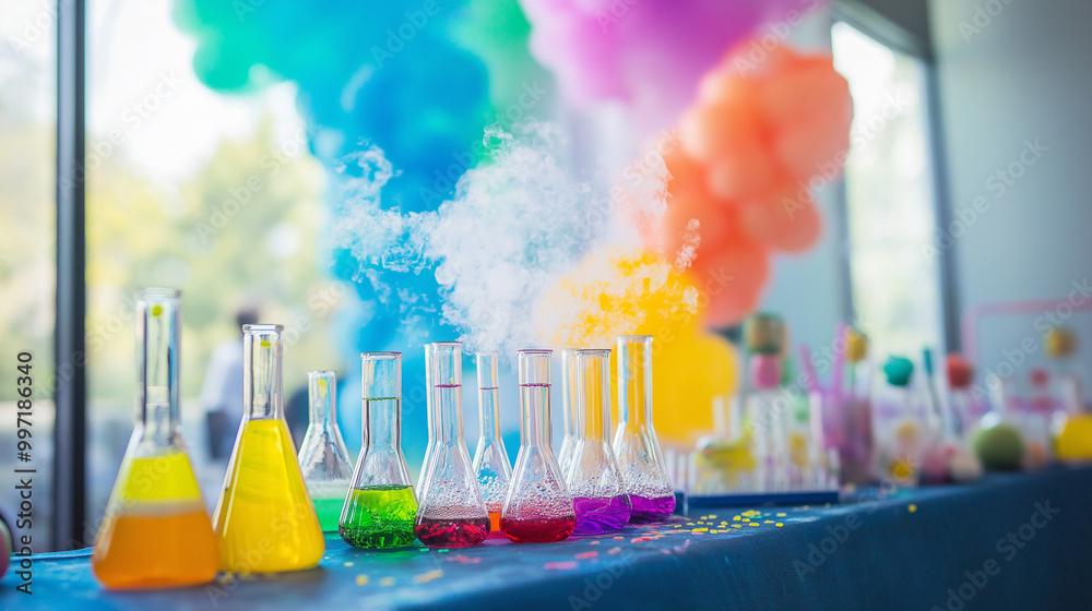 Colorful chemistry experiment with beakers and smoke creating a vivid display of scientific discovery for children at a science party.