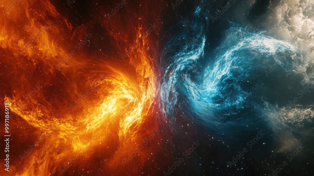 Cosmic abstract fire and ice elements intertwined in a stunning space backdrop, offering bold and inspiring visuals for creative projects Cosmic abstract fire and ice elements intertwined in a stunning space backdrop, offering bold and inspiring visuals for creative projects