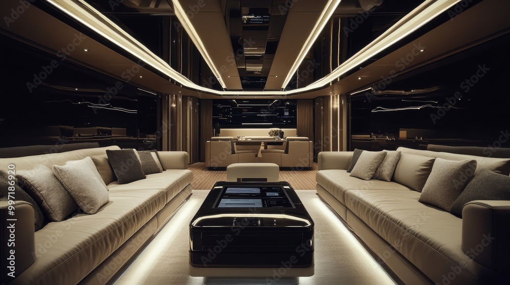 Experience the lavish interior of a contemporary yacht, complete with state-of-the-art navigation and elegant furnishings that enhance comfort and style Experience the lavish interior of a contemporary yacht, complete with state-of-the-art navigation and elegant furnishings that enhance comfort and style