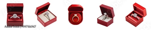 Diamond ring in a red ring box set isolated Png, transparent without background.