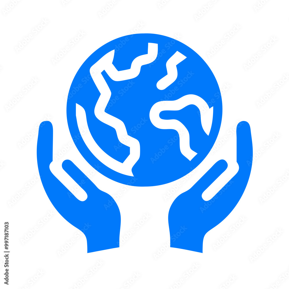 A blue and white globe with two hands holding it. The globe is surrounded by a blue circle A blue and white globe with two hands holding it. The globe is surrounded by a blue circle