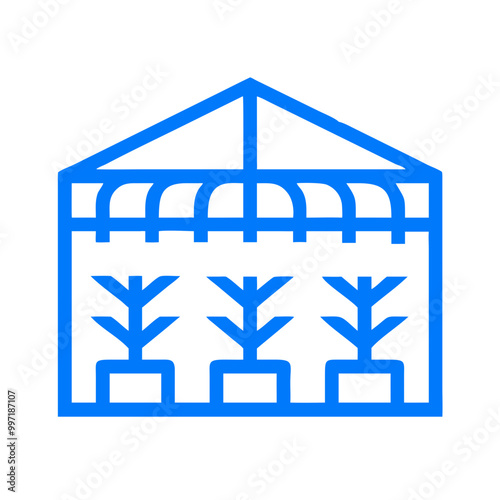 A blue greenhouse with plants inside. The greenhouse is a structure that is used to grow plants