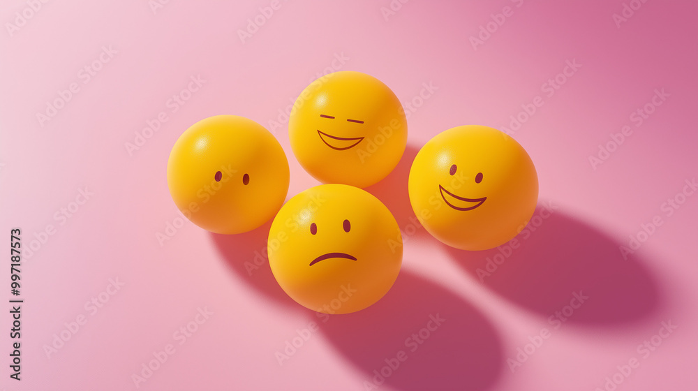 emotional, mood, excitement concept: three yellow balls with joyful, excited faces arranged in a playful, bouncy pattern against an isolated soft pink background emotional, mood, excitement concept: three yellow balls with joyful, excited faces arranged in a playful, bouncy pattern against an isolated soft pink background