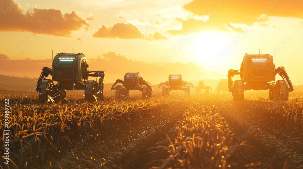 Fototapeta premium Futuristic Farming: 3D Illustration of Agricultural Robots Working Under Sun