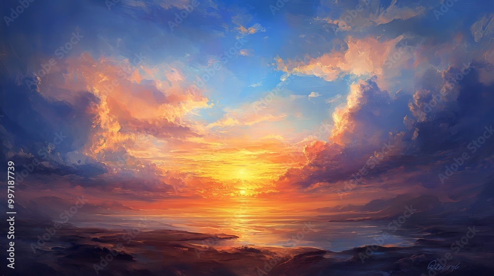 An oil painting depicting a lovely landscape with clouds and a setting sun An oil painting depicting a lovely landscape with clouds and a setting sun