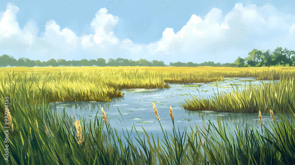 Naklejka premium Salt meadow cordgrass salt hay native grass marsh marsh flood salt brackish spartina patens aquatic wetlands flowering plant sea marsh grass. Wetlands. Illustration