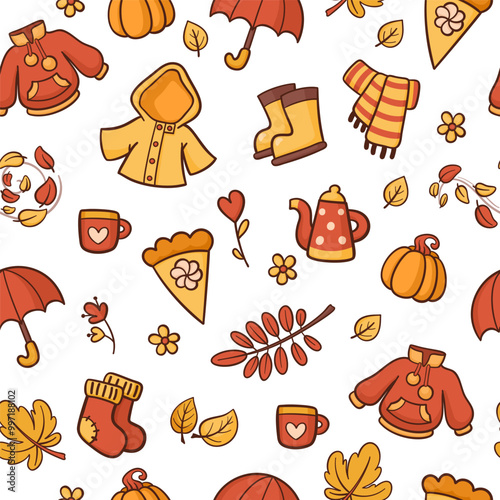 Autumn seamless pattern. Warm and cozy autumn things, hand drawn. Raincoat, sweater, teapot and cup, autumn leaves. Cute background.
