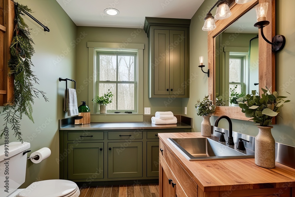 Fototapeta premium Fresh Rustic Bathroom with Olive Green Cabinet, Stainless Steel Sink, Oak Vanity, and Greenery Decor