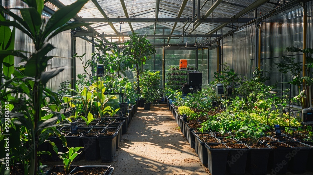 Futuristic Robotic Control Systems in High-Tech Greenhouse with Thriving Lush Plants Futuristic Robotic Control Systems in High-Tech Greenhouse with Thriving Lush Plants