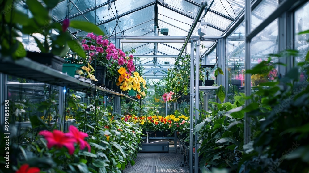 Futuristic High-Tech Greenhouse with Automated Plant Care Systems and Blooming Flowers Futuristic High-Tech Greenhouse with Automated Plant Care Systems and Blooming Flowers