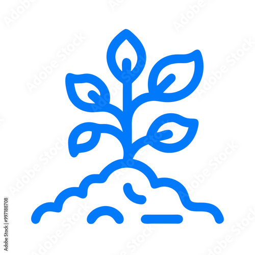 A blue drawing of a plant with leaves and a stem. The plant is growing in a pile of dirt