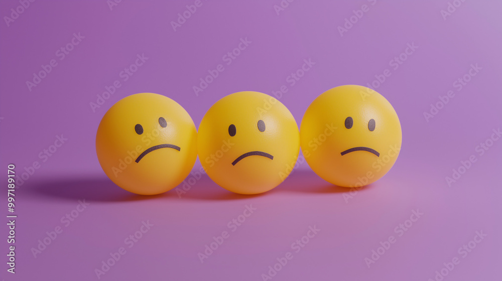 emotional, mood, sadness concept: three yellow balls with sad faces arranged in a slightly slumped pattern against an isolated lavender background emotional, mood, sadness concept: three yellow balls with sad faces arranged in a slightly slumped pattern against an isolated lavender background