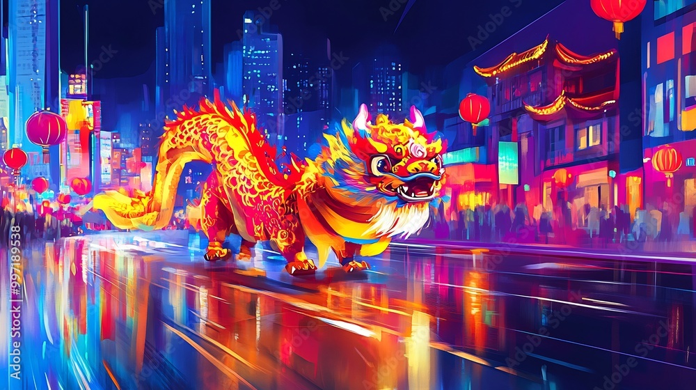 Chinese New Year parade in a futuristic city where buildings shift and change shape forming abstract vector images of dragons and phoenixes as the celebration moves through the streets Chinese New Year parade in a futuristic city where buildings shift and change shape forming abstract vector images of dragons and phoenixes as the celebration moves through the streets