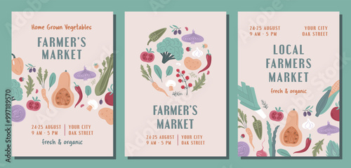 Set of modern banner or poster for Local Farmers Market, Organic Farm, Harvest Festival, Agricultural fair  Vector flat illustration. Announcement for seasonal fair. Hand drawn flyer template