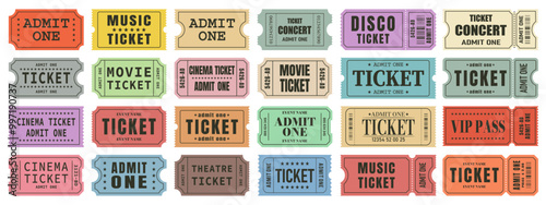 WebVector set of admit one tickets template. Ticket for cinema,movie,circus,theater,film,festival,casino,club,music etc. Event admission, entrance pass set .Vector illustration