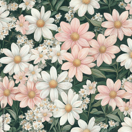 A detailed floral design featuring small daisies and lilies in pastel pinks and whites, arranged with subtle green leaves, creating a tranquil soft-tone pattern.