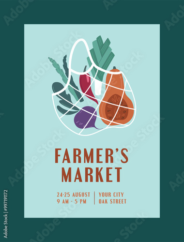 Farmers Market, Organic Farm, Harvest Festival, Agricultural fair banner or poster in bright colours. Vector flat illustration. Announcement for seasonal agricultural fair. Hand drawn banner template