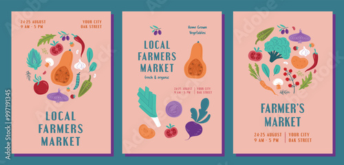 Set of modern banner or poster for Farmers Market, Organic Farm, Harvest Festival, Agricultural fair Vector flat illustration in bright colors. Announcement for seasonal fair. Hand drawn template