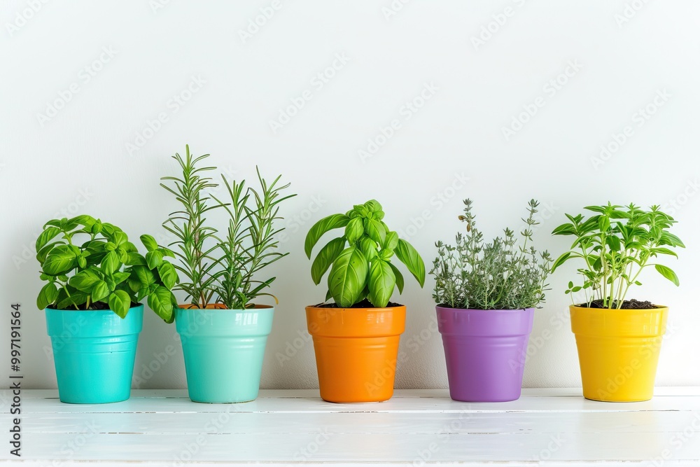 Herb Garden with Colorful Pots Featuring Basil, Rosemary, Thyme, and Other Fresh Herbs Herb Garden with Colorful Pots Featuring Basil, Rosemary, Thyme, and Other Fresh Herbs