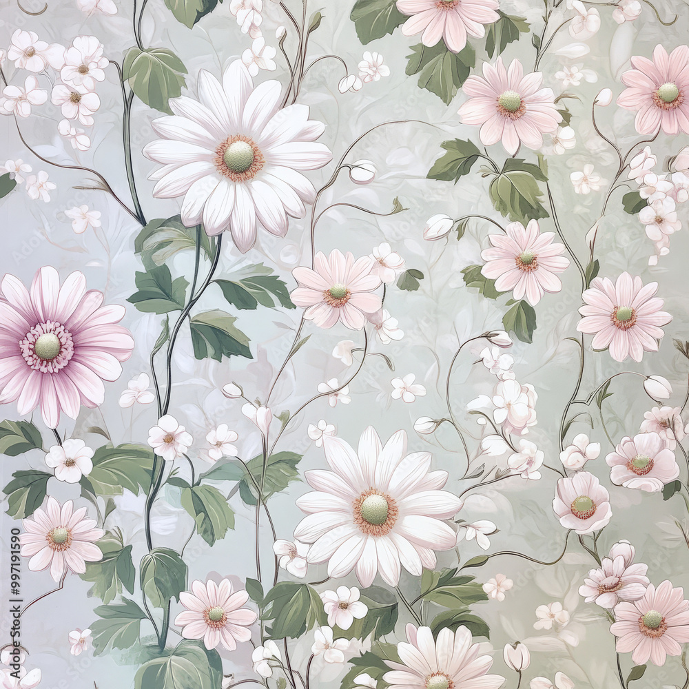 A detailed soft-tone floral pattern featuring delicate daisies and anemones in pastel white and pink, with finely crafted light green leaves and vines. A detailed soft-tone floral pattern featuring delicate daisies and anemones in pastel white and pink, with finely crafted light green leaves and vines.