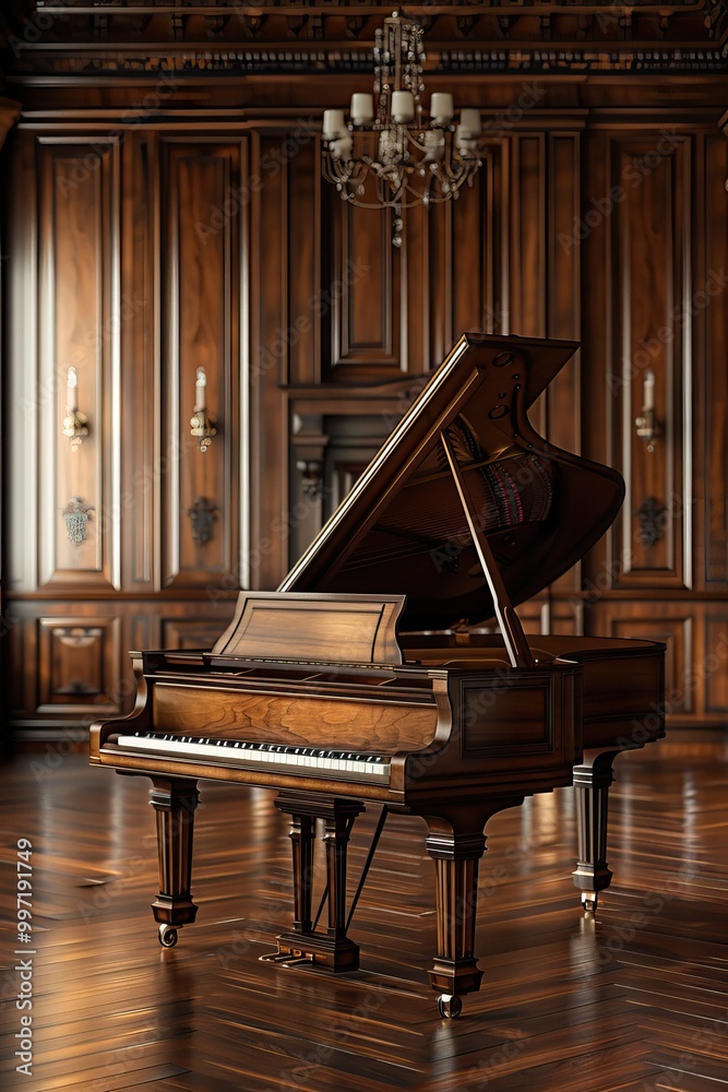 Fototapeta premium Elegant Grand Piano in a Luxurious Wooden Room with Classic Chandeliers and Parquet Floors