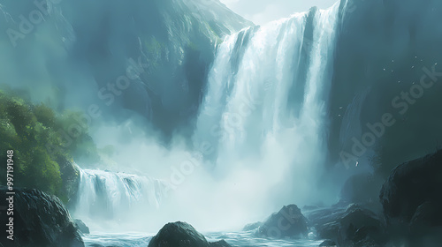 Overpowering waterfall: a towering waterfall, its powerful cascade engulfing massive boulders at its base, creating a mist that fills the air. Thundering Waterfall. Illustration photo