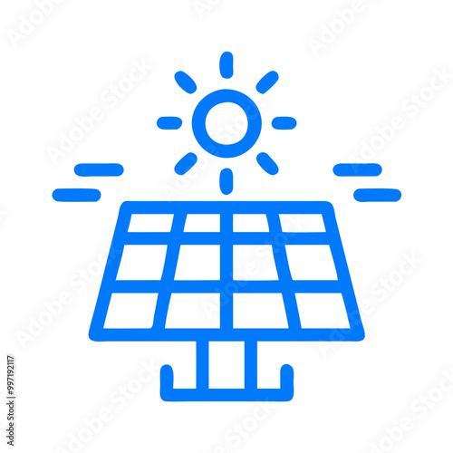 A blue sun with rays of light shining on a solar panel. Concept of harnessing the power of the sun to generate electricity