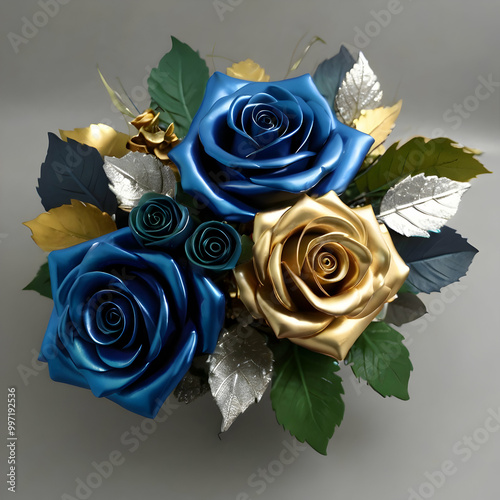 A luxurious 3D floral arrangement includes a silver rose with silver leaves, a golden rose with golden leaves, and a blue rose with green leaves as the centerpiece. The blue rose, encircled by cascadi photo