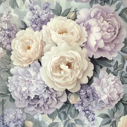 Detailed pastel-colored roses and peonies in blush and lavender, intricately arranged with subtle green foliage, creating a peaceful floral design.