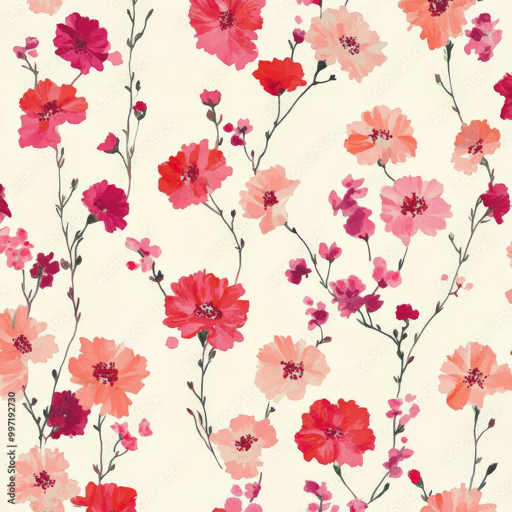 Small flat carnations in shades of red and pink, scattered across a soft white background, creating a light and cheerful floral design. Small flat carnations in shades of red and pink, scattered across a soft white background, creating a light and cheerful floral design.