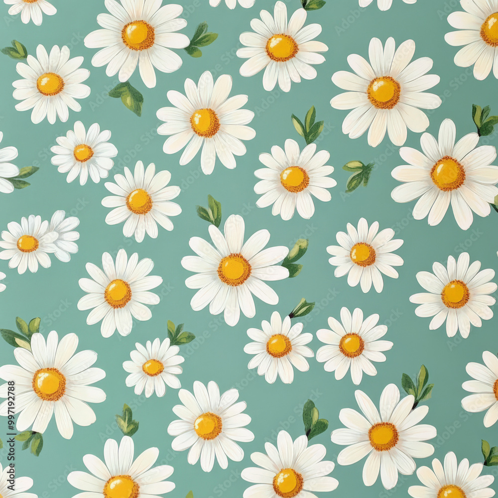 Small flat daisies with white petals and yellow centers, scattered across a mint green background, creating a fresh and playful floral look. Small flat daisies with white petals and yellow centers, scattered across a mint green background, creating a fresh and playful floral look.