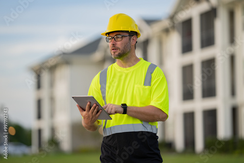Civil Worker engineer african american man wearing hard hat and smiling. happy positive manager or contractor, heavy machinery. Construction worker on top of a building. builder in working uniform