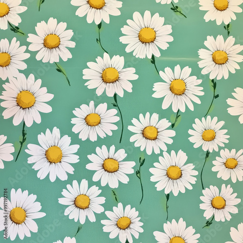 Small flat daisies with white petals and yellow centers, scattered across a mint green background, creating a fresh and playful floral look.