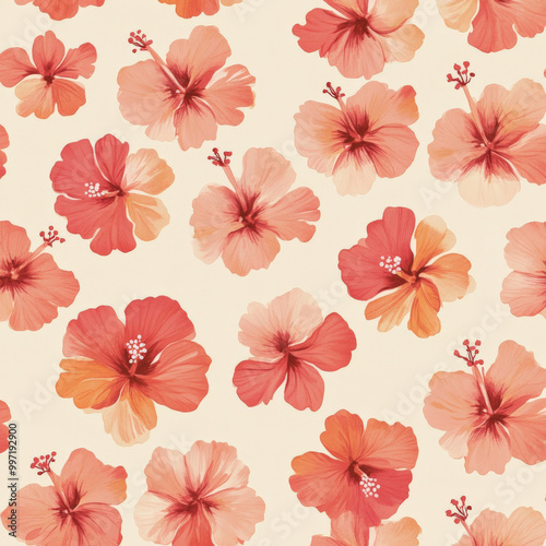 Small flat hibiscus flowers in coral and pink hues, scattered across a light beige background, creating a tropical and warm floral design.