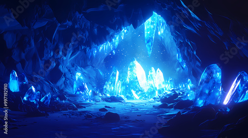 Photorealistic image of a crystal cave with neon blue lights, glowing in the dark resulution,clean sharp focus. Glistening Cave. Illustration