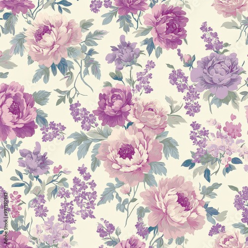 Wallpaper Mural Small flat lavender and pink peonies, scattered across a cream background, creating a soft and romantic floral pattern. Torontodigital.ca