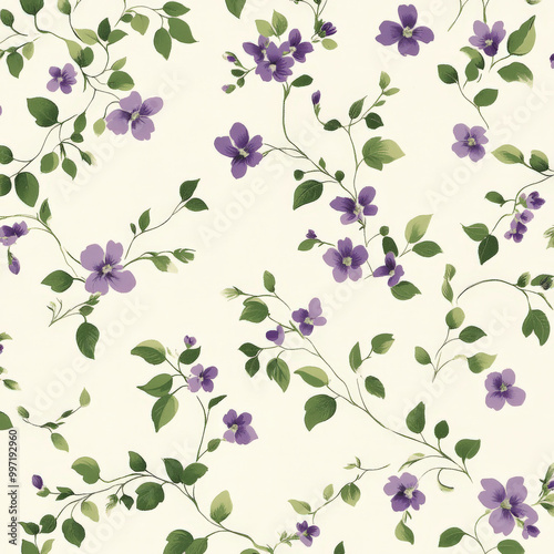 Small flat lilac flowers with green leaves, scattered across a soft cream background, creating a light and peaceful floral aesthetic.