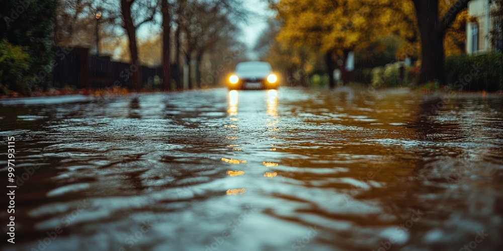 Fototapeta premium Flooded street in urban neighborhood due to heavy rain and storm