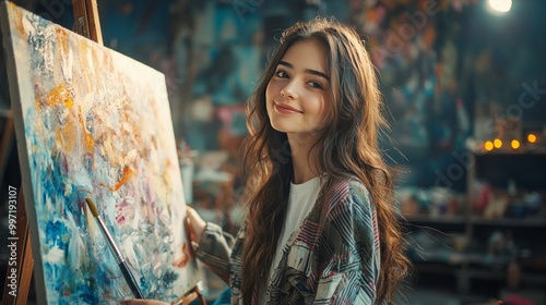 A young woman artist stands in her studio, smiling as she holds a paintbrush and a canvas with colorful abstract painting.