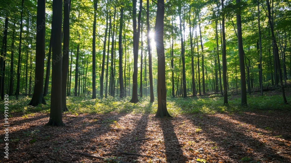 Obraz premium A tranquil forest is illuminated by sunlight streaming through the branches, creating intricate patterns of light and shadow across the leafy ground