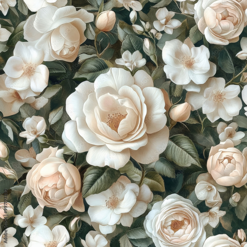 Soft-toned roses and magnolias in pale pink and cream, intricately woven with delicate greenery, creating a detailed floral pattern with a romantic touch. Soft-toned roses and magnolias in pale pink and cream, intricately woven with delicate greenery, creating a detailed floral pattern with a romantic touch.