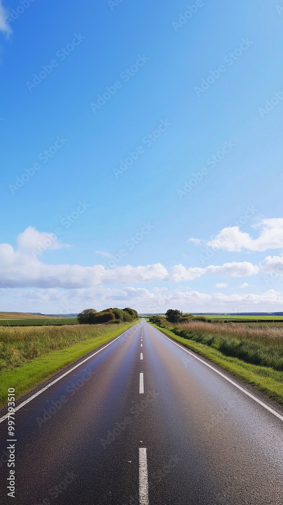 Straight empty highway stretching through green fields under a clear blue sky, showcasing an open road perspective and minimalistic natural landscape, ideal for travel or freedom themes Straight empty highway stretching through green fields under a clear blue sky, showcasing an open road perspective and minimalistic natural landscape, ideal for travel or freedom themes