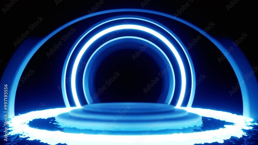 Stylized glowing blue podium with neon rings and water reflections. Ideal for futuristic branding, digital marketing, or product showcases with a sci-fi or tech-inspired design Stylized glowing blue podium with neon rings and water reflections. Ideal for futuristic branding, digital marketing, or product showcases with a sci-fi or tech-inspired design