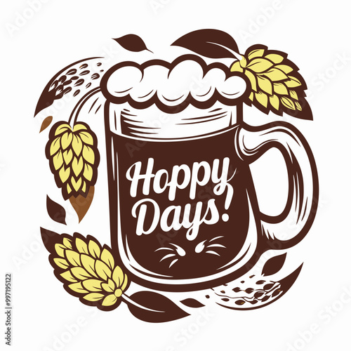 T-shirt print,  Hoppy Days Beer Mug with Hops for Craft Beer Celebrations