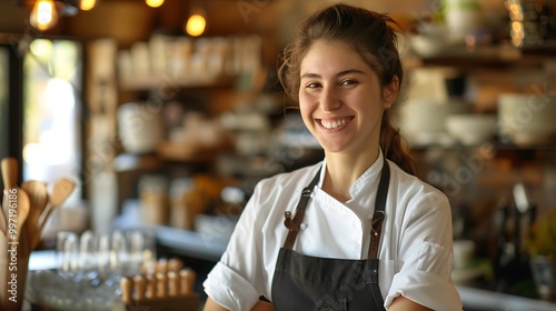 A smiling young woman in a kitchen setting, wearing an apron, showcasing a friendly atmosphere.