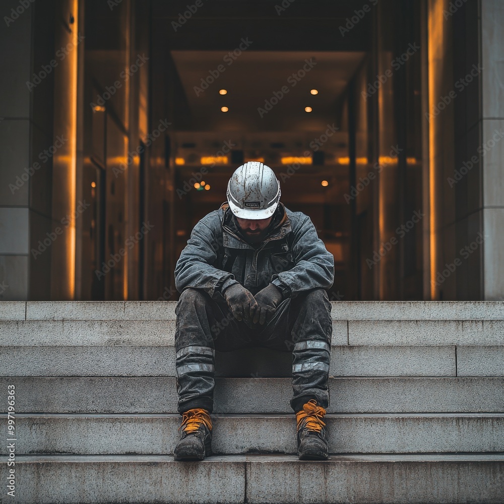 Stressed engineer sitting on construction site stairs with hands on head Stressed engineer sitting on construction site stairs with hands on head