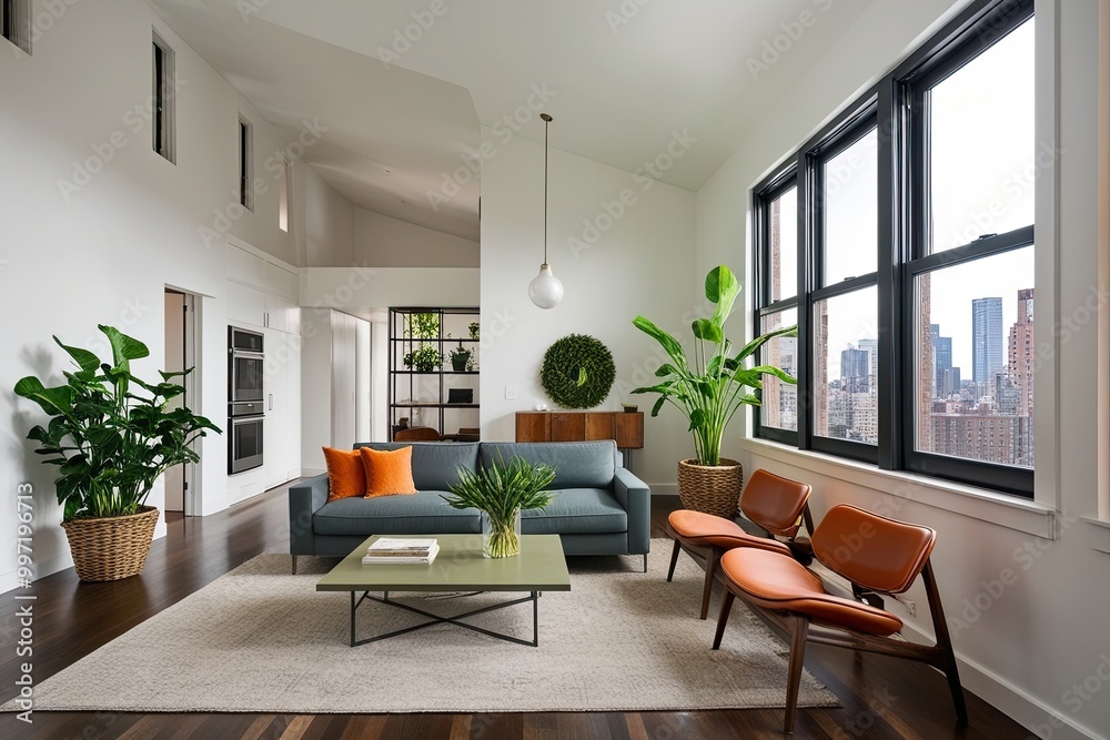 Fototapeta premium Sophisticated Minimalist Loft Decor Featuring Open Interiors and Lush Greenery